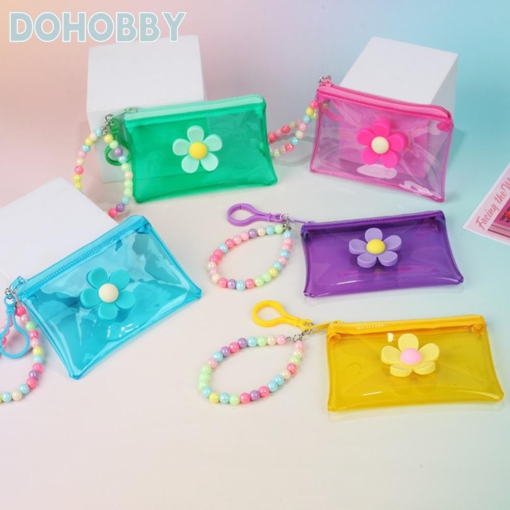 DOHOBBY กระเป๋าใส่เหรียญ,พีวีซีซิปกระเป๋าสตางค์ขนาดเล็ก,น่ารักที่มีสีสันโปร่งใสดอกไม้ลูกปัดโซ่ผู้ถือบัตรนักเรียน