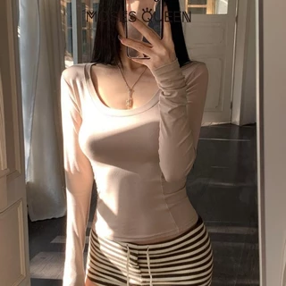 MOSESQUEEN คอต่ํา กระดูกไหปลาร้า เครื่องเทศ สาว จุดต่ําสุด เสื้อแขนยาวเสื้อยืดผู้หญิงฤดูใบไม้ร่วงและฤดูหนาวใหม่พื้นฐานภายในสแควร์ปกสวยด้ #62811