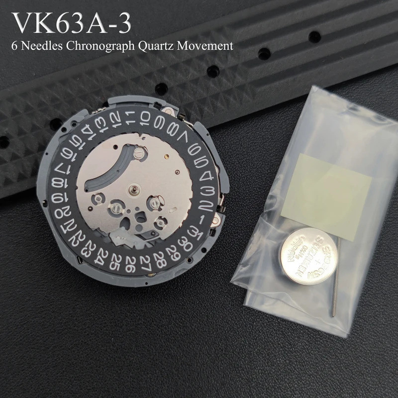 1pcs ญี่ปุ่น VK63 VK63A การเคลื่อนไหวสีดํา 3H วันที่/แผ่นดิสก์ล้อรุ่น Mod Chronograph Quartz Movemen