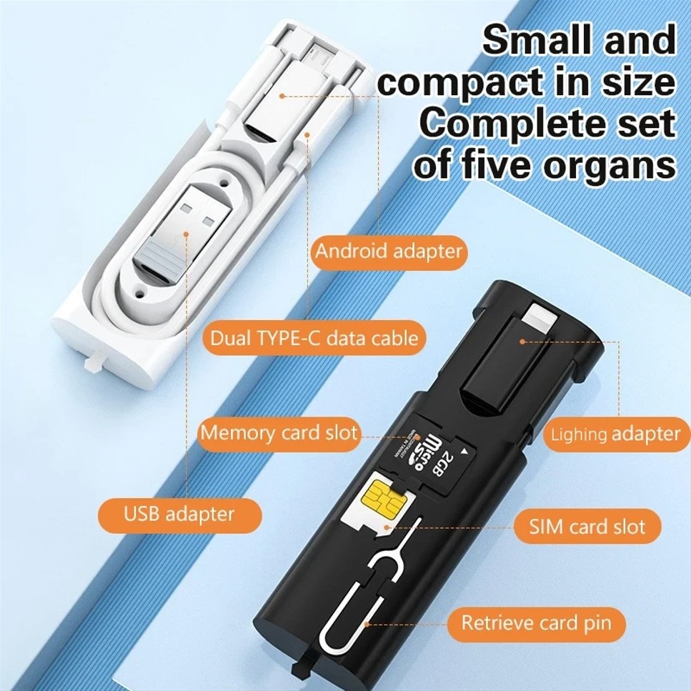 5 in 1 Type-C PD 60W สายชาร์จเร็วพร้อม USB/Micro/Ligting Adapter Converter แบบพกพามัลติฟังก์ชั่กล่องเก็บ USB-C Charger