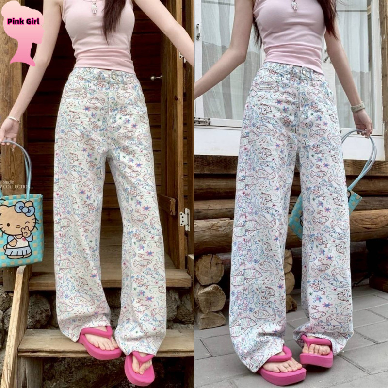 💋Pink girl💋​พร้อมส่ง กางเกงขายาว เอวสูง สีขาว ลายการ์ตูน สีสดใสพาสเทล' NZ8839