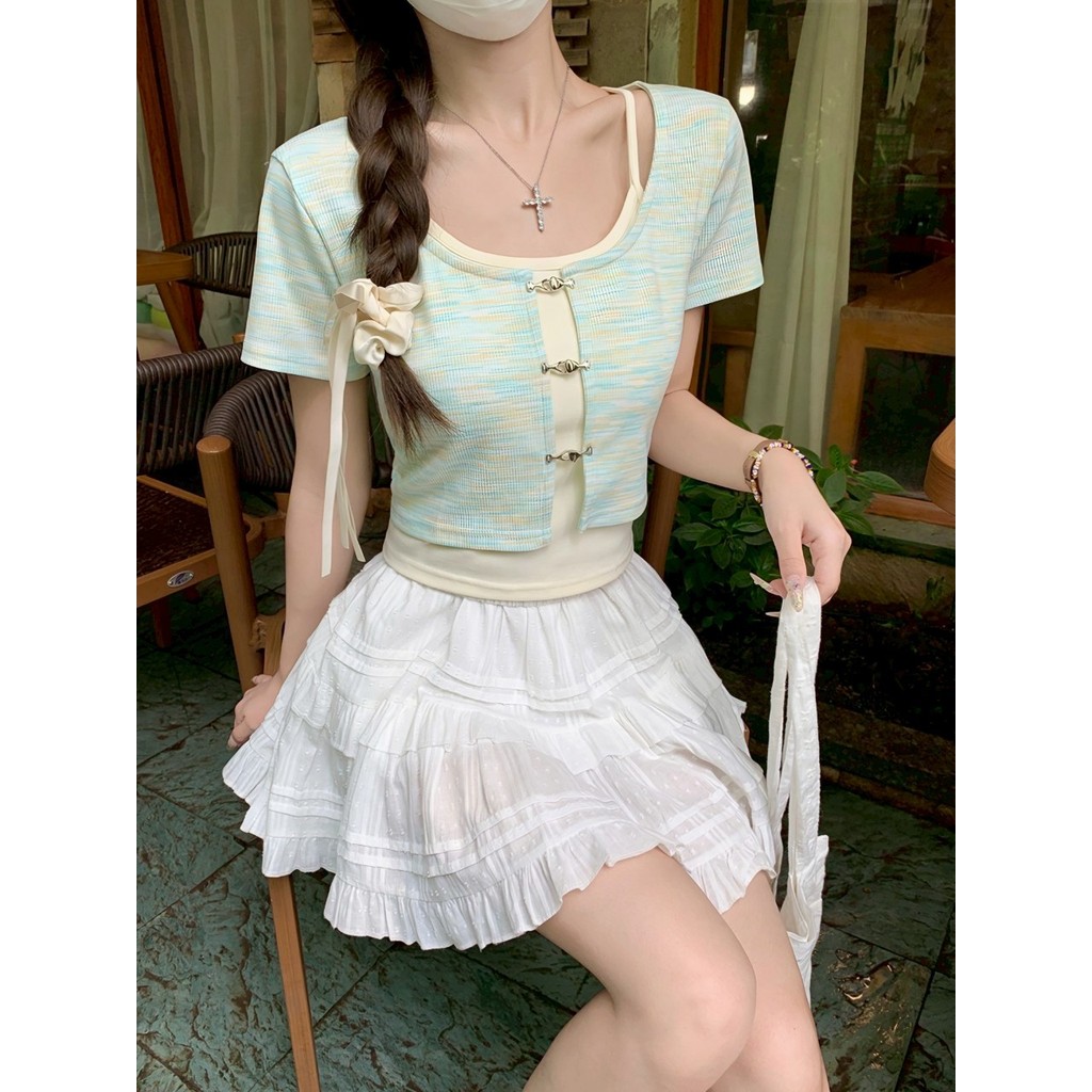 Mini shop พร้อมส่ง (96195) เสื้อไหมพรม แขนสั้นคอกลม ผ้ายืด แต่งสองชั้นสีสดใส ผ้าใส่สบาย ราคา ถูกที่สุด ดีลบีเคเค แกลเลอรีภาพที่ 4