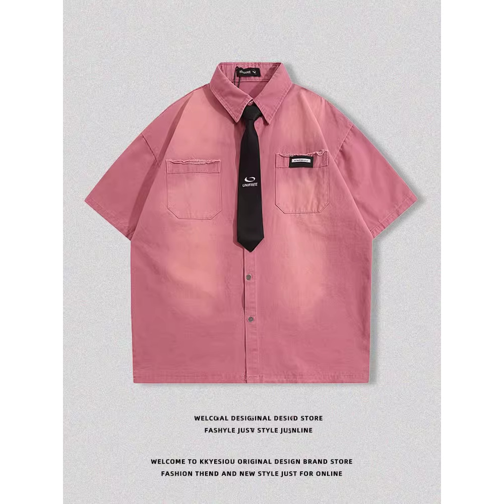 ชุดเสื้อเชิ้ตแขนสั้นผู้ชายสไตล์เรโทรอเมริกัน สีชมพู สไตล์วิทยาลัย ลายซีดจาง