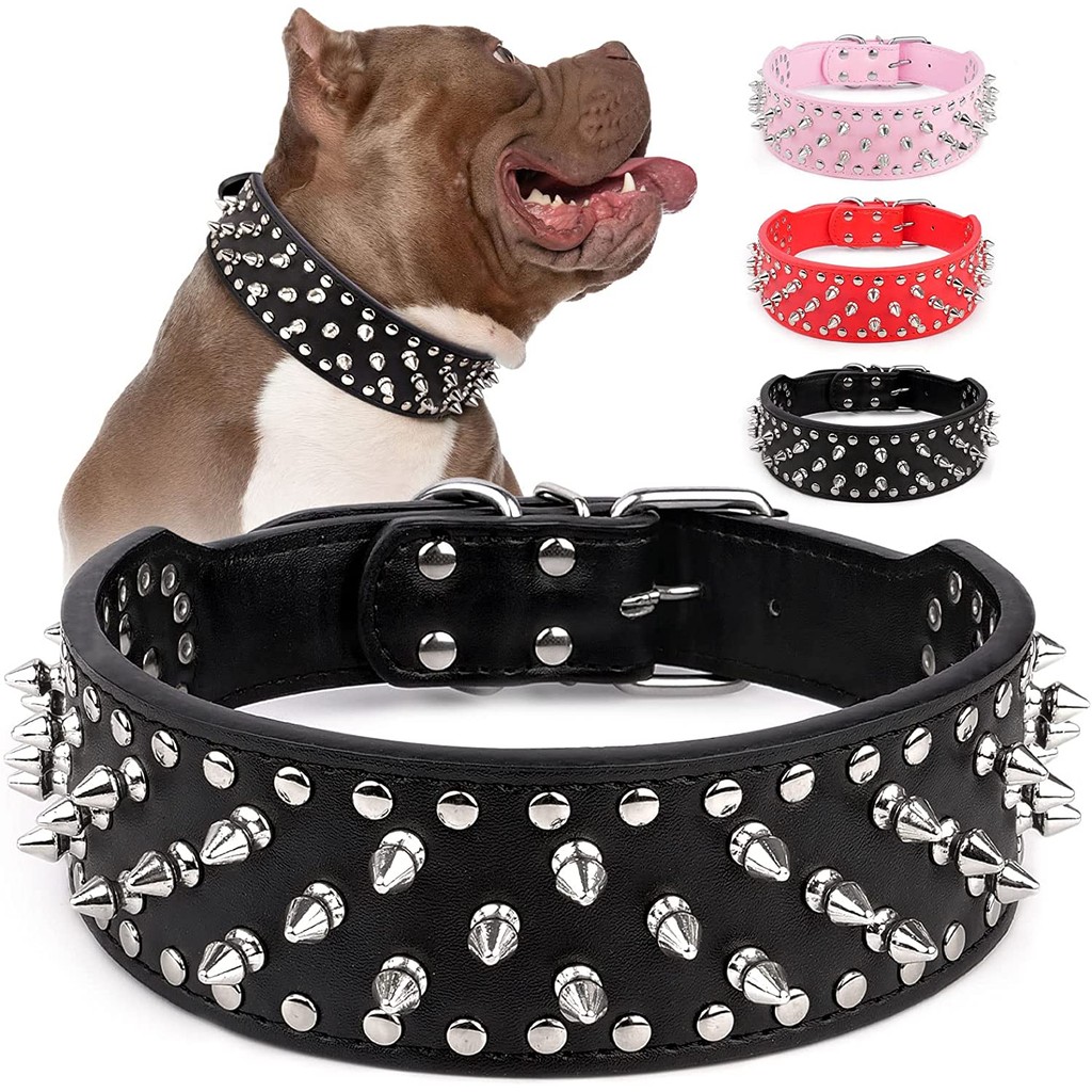 Spiked Studded หนังปลอกคอสุนัขสําหรับสุนัขขนาดกลางขนาดเล็ก Bulldog ปรับ Anti-Bite ลูกสุนัขสายคล้องคอปลอกคออุปกรณ์สัตว์เลี้ยง