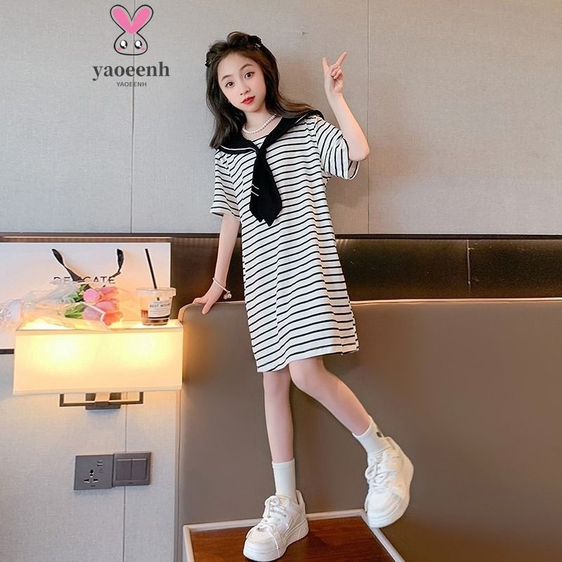 【YAOEENH】120-170 ซม.ฤดูร้อนสาวสไตล์ตะวันตกกระโปรงสีกรมท่ากลางเด็กใหญ่สไตล์กระโหลกลายแขนสั้นชุดพร้อมสต็อกจัดส่งที่รวดเร็ว