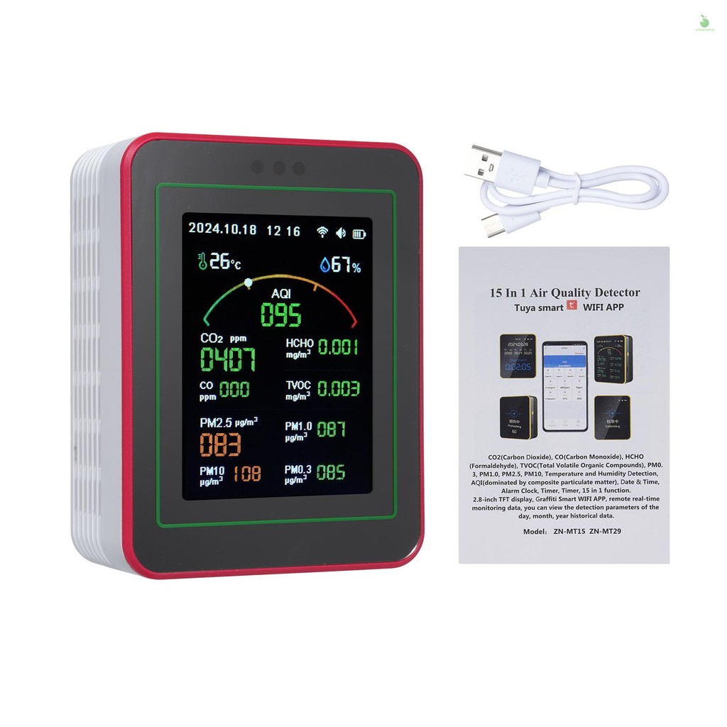 15-in-1 Air Quality Monitor เครื่องทดสอบคุณภาพอากาศอัจฉริยะพร้อม CO/CO2/HCHO/TVOC/AQI/PM0.3/PM1.0/PM
