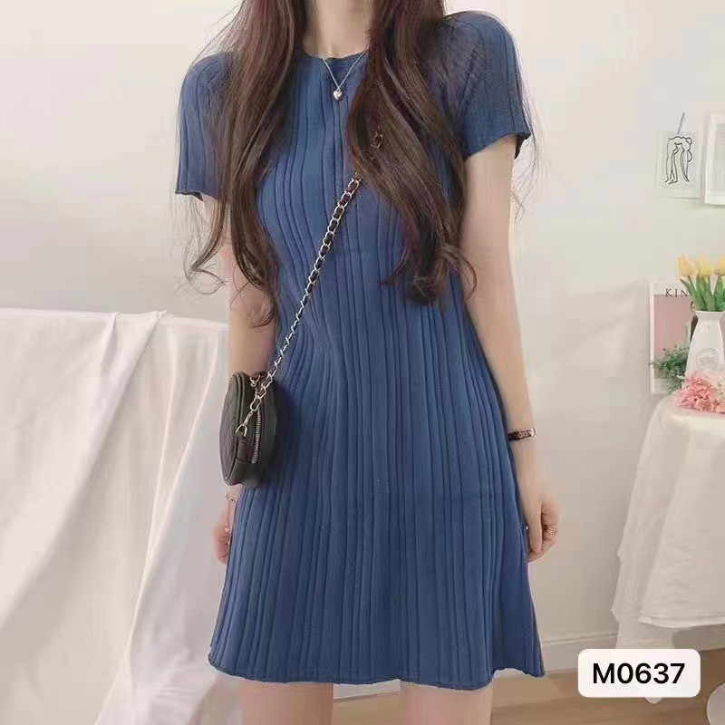 สไตล์เกาหลี Elegant Pit Strip แขนสั้นถักชุดรอบคอสาวสีผ้าไหมน้ําแข็ง A-Line กระโปรง Oh ด้านนอกเข็ม Ha