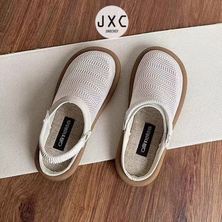 JINxCHOY เกาหลีสีทึบผ้าตาข่ายระบายอากาศแฟชั่นทุกวันเยาวชนถักรองเท้าแตะ PU กันลื่นผู้หญิงทุกวันสบายๆใส่นอกบ้านรองเท้าแตะแบนโรงงานราคาส่ง