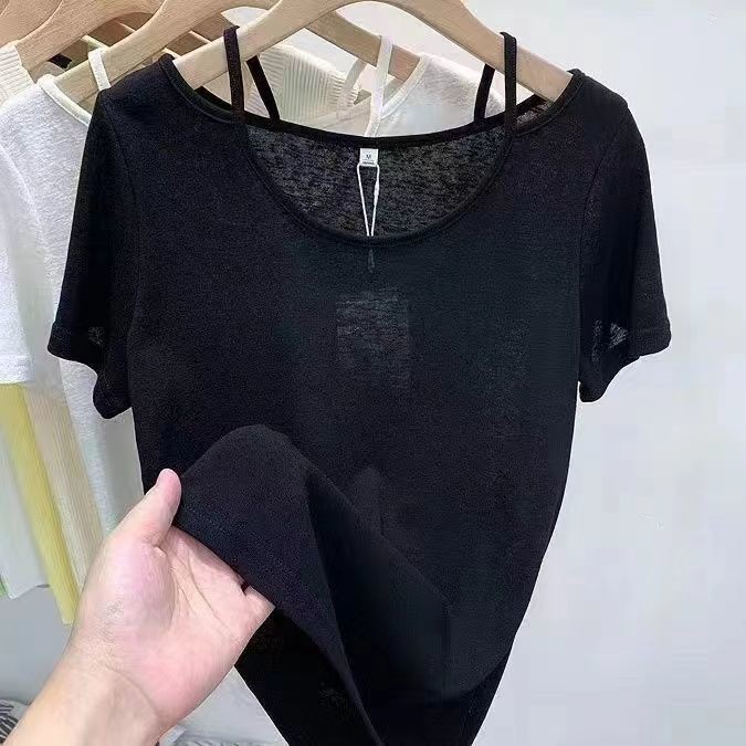 สไตล์เกาหลีฤดูร้อนใหม่ 10.00 กก. หลวมพิมพ์ปิดไหล่แขนสั้น Sense Niche Emotional Top