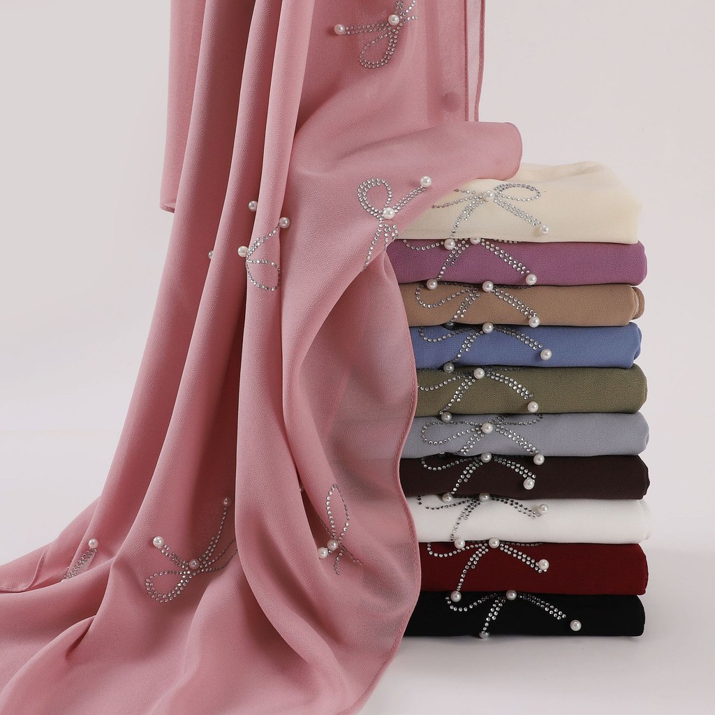 Jifang ไข่มุกลูกปัด Rhinestones Bowknot ธรรมดาฟองชีฟองผ้าคลุมไหล่ Pashmina Raya Tudung Hijab WC61