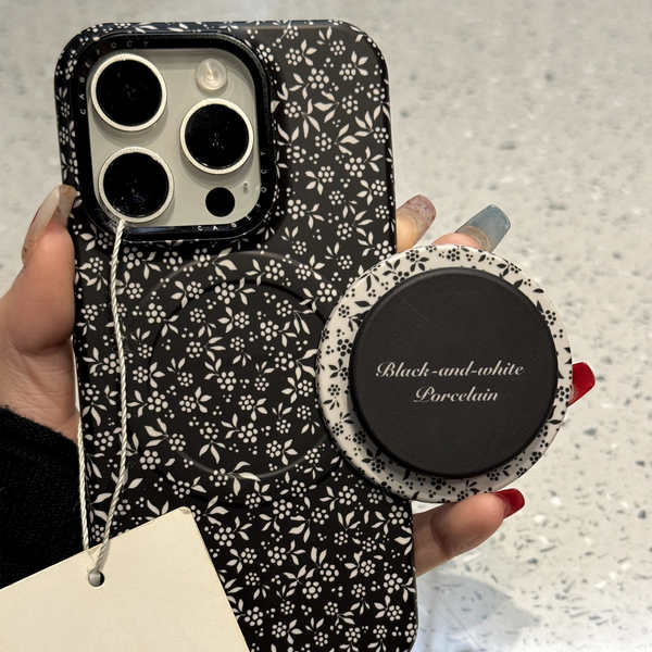 พื้นหลังสีดําศิลปะเต็มหน้าจอสีขาวดอกไม้จุดเหมาะสําหรับ ihone16promax เคสโทรศัพท์ Apple 15pro 14 เคสฟ