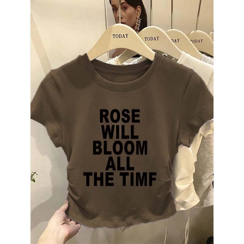 เสื้อทีซีสั้นสำหรับผู้หญิง เสื้อผ้าแบบฮาเลนด์สั้น โครงสร้างริมผ้าไหมยกทำให้ดูผอมและปรับรูปร่างพิมพ์ลายอักษรแบบไม่ซับซ้อน