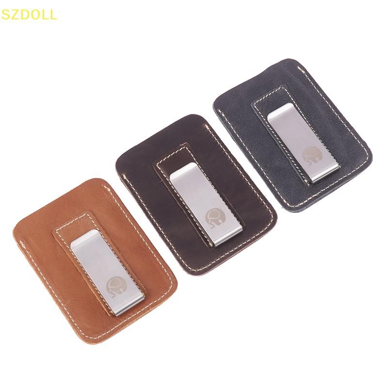 [cxSZDOLL] Thin Leather Money Clip Mini Wallet Men Credit Card Slot Slim Bills Metal Cash Clamp For Man Small Billfold Holder DOM