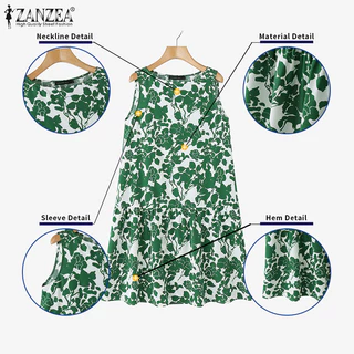 ZANZEA ใส่ ซานเซีย ผู้หญิงเกาหลีย้อนยุครอบคอแขนกุดดอกไม้พิมพ์ รัฟเฟิล ชุดถัง