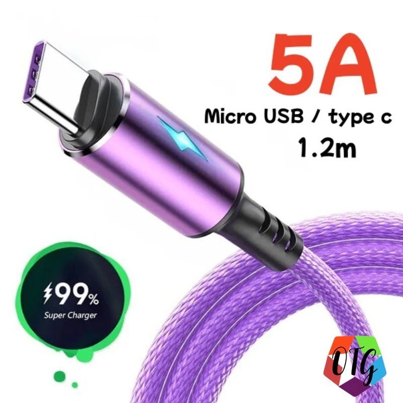 สายชาร์จไนล่อนถัก 1.2 ม. ทนทาน ชาร์จเร็ว & สายเคเบิล Android Micro USB / type c , 5A LED สายเคเบิล for iPhone