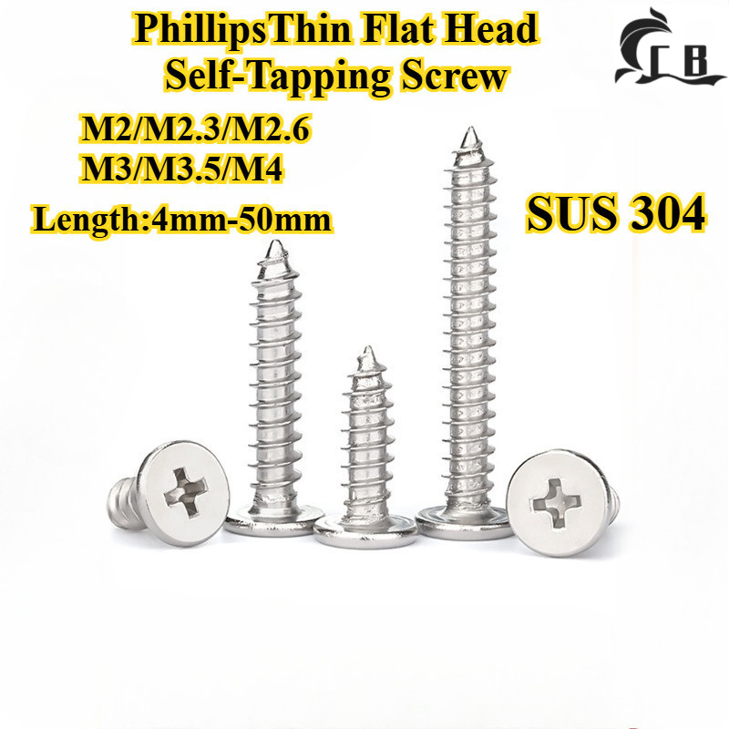 [CB-ZGLS] SUS304 PhillipsThin Flat Head Self-Tipping Screw M2/M2.6/M3/M3.5/M4 Cross Flat Head Pointed Tail Screw, ความยาว 4mm-50mm, สกรูไม้ตกแต่ง