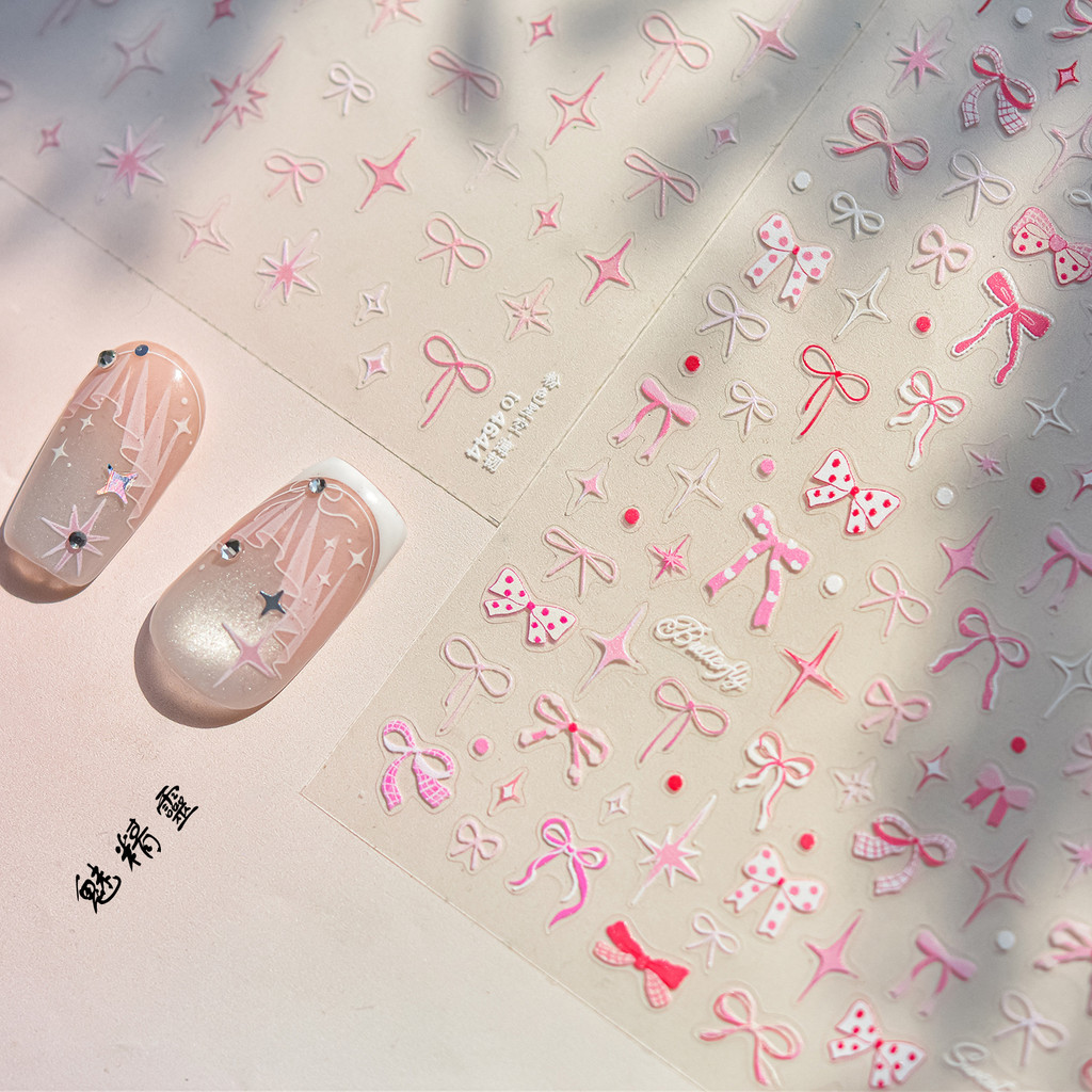 สติ๊กเกอร์ติดเล็บลายโทโมนิสตาร์โบว์ริบบิ้นแบบบางและเหนียว สติ๊กเกอร์รูปดาวสีชมพู