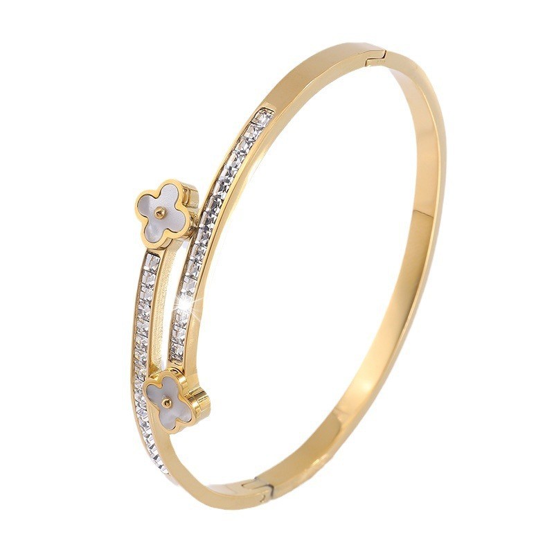 สร้อยข้อมือฝังเพชรเหล็กไทเทเนียมระดับไฮเอนด์ดอกไม้ใบไม้พร้อมอุปกรณ์เสริมสร้อยข้อมือแบบปรับได้สําหรับผู้หญิง - รูปที่ 3