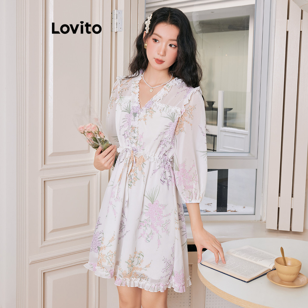 Lovito ชุดเจาะสองชั้นลายดอกไม้หรูหราสำหรับผู้หญิง LAD106235