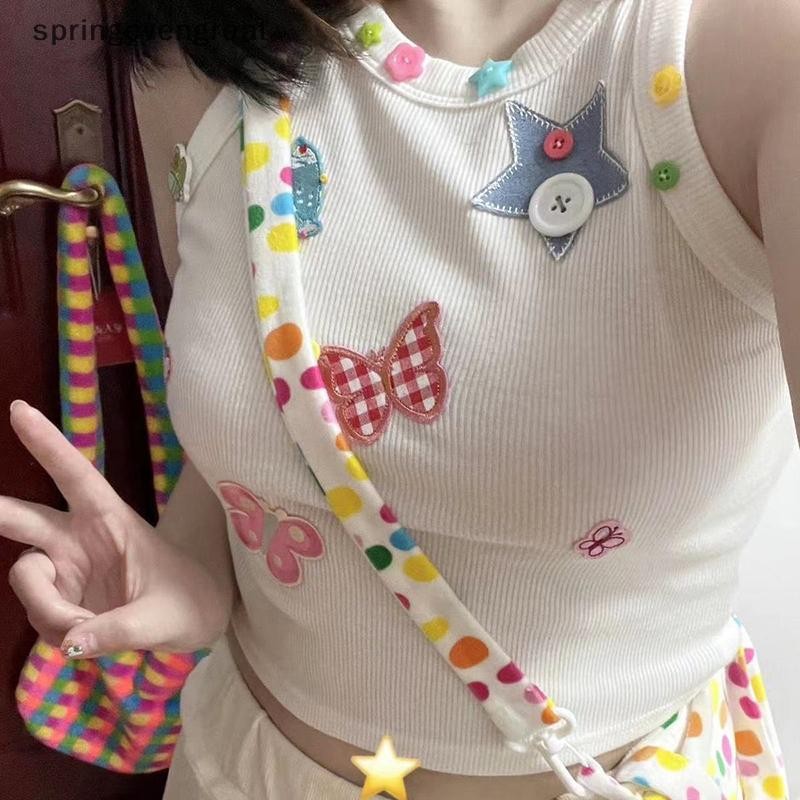 Springevengreat Crop Tops O-neck Sleeve Summer s Butterfly Print Vest Y2k Springevengreat
