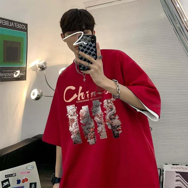 (จัดส่งตลอด 24 ชั่วโมง)Woo Rightใหม่ เสื้อยืดคอกลม แขนสั้น พิมพ์ลายสิงโต สไตล์จีน ทรงหลวม 39