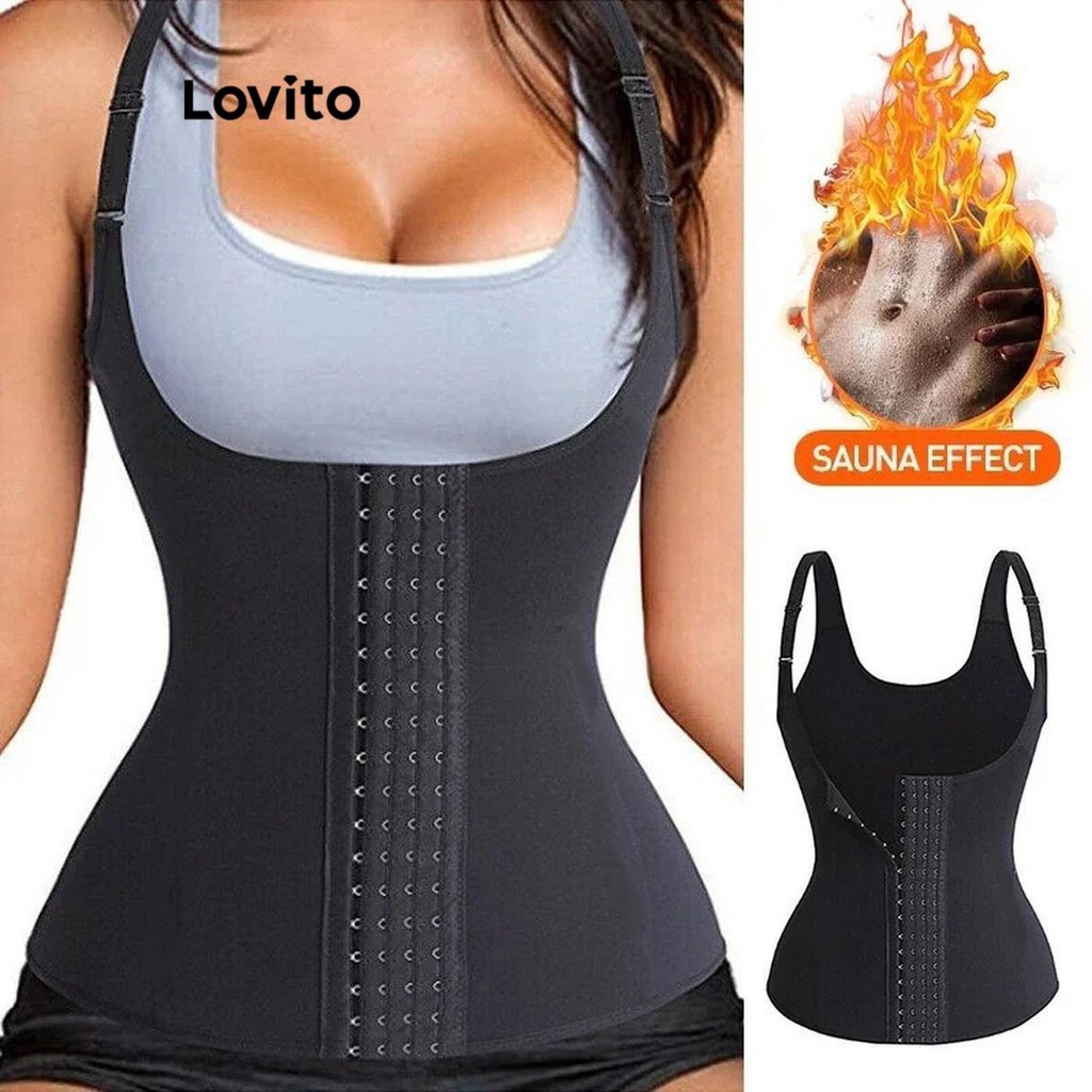 Lovito ชุดกระชับสัดส่วนผู้หญิง มีกระดุมหน้า สีพื้น สไตล์ลำลอง LNL70279