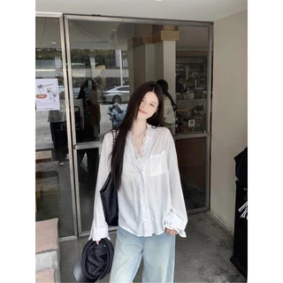 mimi&didi#เสื้อเชิ้ตแขนยาวคอวีลายลูกไม้เย็บปะติดปะต่อเซ็กซี่ เสื้ออารมณ์ความยาวปานกลางสำหรับสวมใส่ด้านนอก#W509