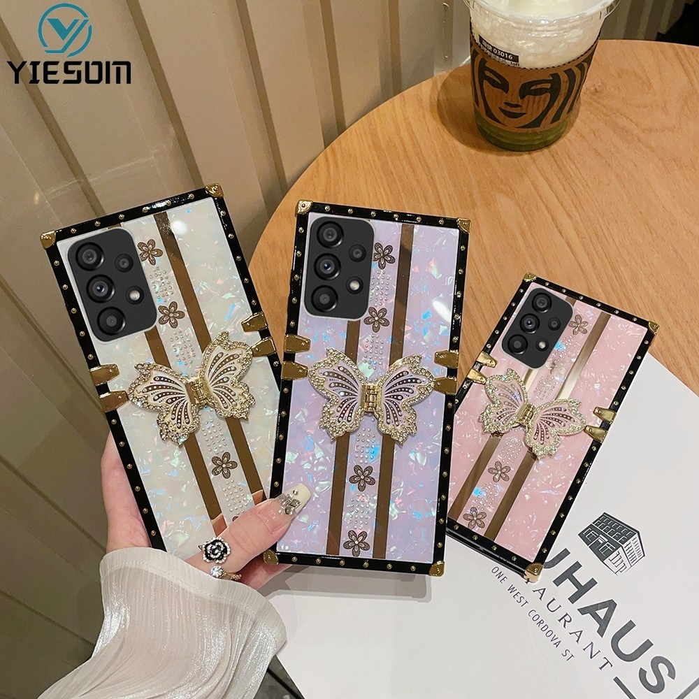 SAMSUNG เพชรผีเสื้อสําหรับsamsung Galaxy A73 A53 A33 A23 A13 A72 A52 A52S 5G A32 A22 4G Squareเลเซอร์Glitterกันกระแทกปกแข็ง