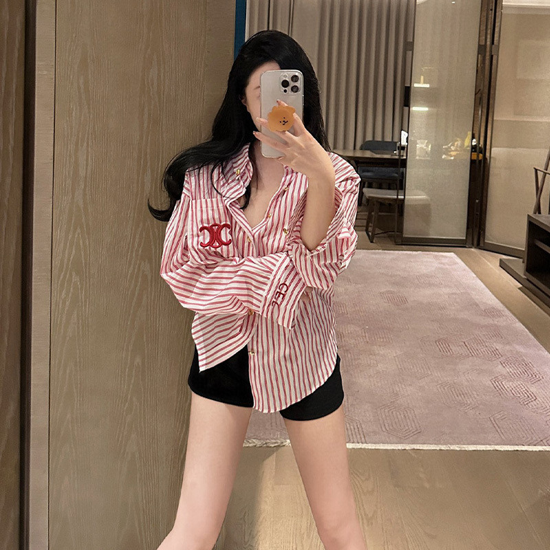New Western Style Youthful-Looking Women's Spring Clothes Idle Style Pink Top Niche2024Embroidered Shirt Striped Fashion Brand Shirt F3BI