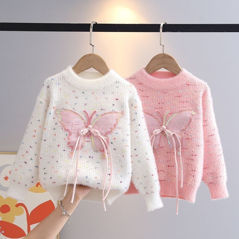 เสื้อสเวตเตอร์มิงค์เด็กผู้หญิงฤดูใบไม้ร่วงและฤดูหนาวเสื้อถักคอกลมสี