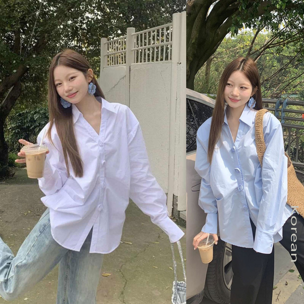 Dahong💛เสื้อเชิ้ตแขนยาว คอปก ทางทรงโอเวอร์ไซส์แบบเกาหลี free size W482