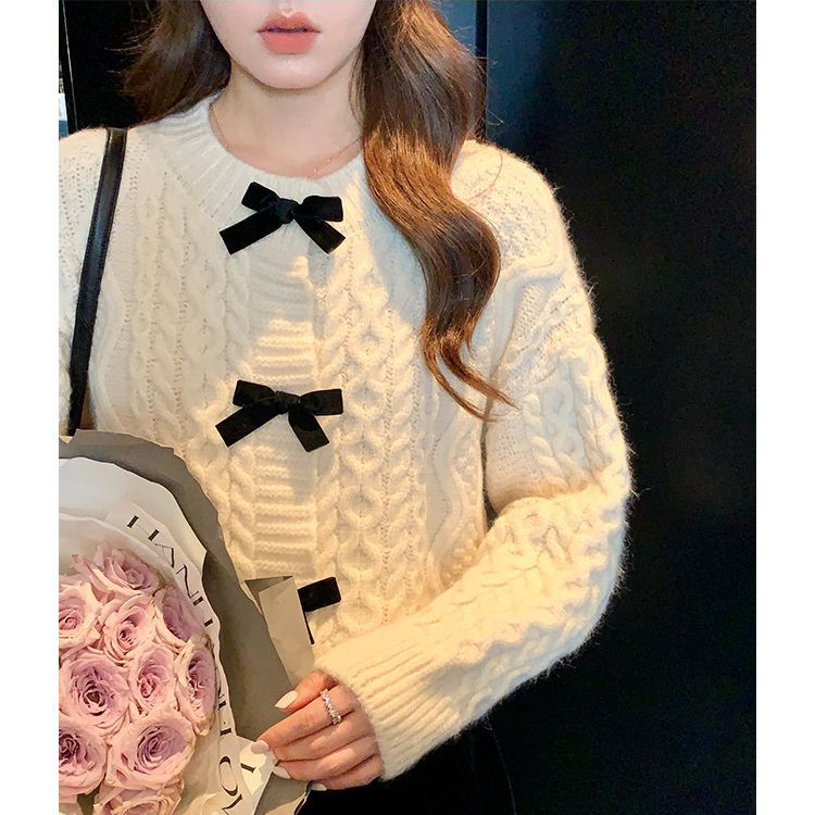 Veewink พร้อมส่งจากกรุงเทพฯ เสื้อสเวตเตอร์คริสต์มาส เสื้อสเวตเตอร์แขนยาว ลายทางสำหรับผู้หญิง สไตล์ฝรั่งเศสผูกโบว์ - รูปที่ 3