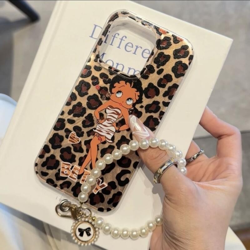 บุคลิกภาพเสือดาวพิมพ์ Hottie Betty สร้อยข้อมือมุกขนาดใหญ่ทาสี Drop ทนเคสโทรศัพท์ IPhone สําหรับ 11/12/13Pro 7/8 Plus XSMAX IPhone14/15Promax 16 X/xs XR