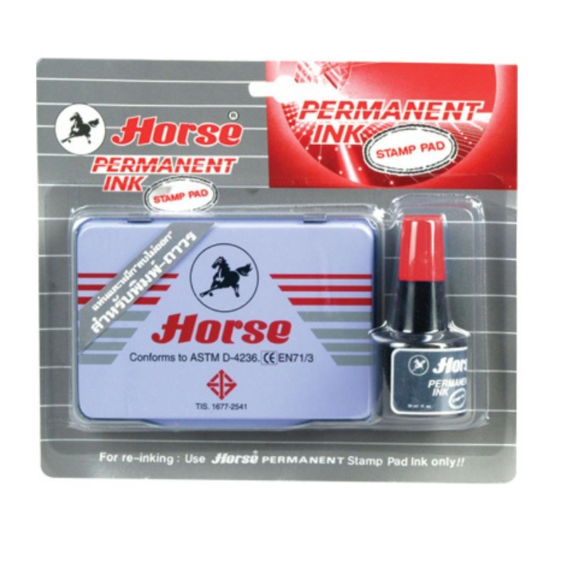 Horse ชุดแท่นประทับ หมึกกันน้ำ สีแดง ขนาด 8x12 ซม. พร้อมหมึกเติม 30 ซีซี