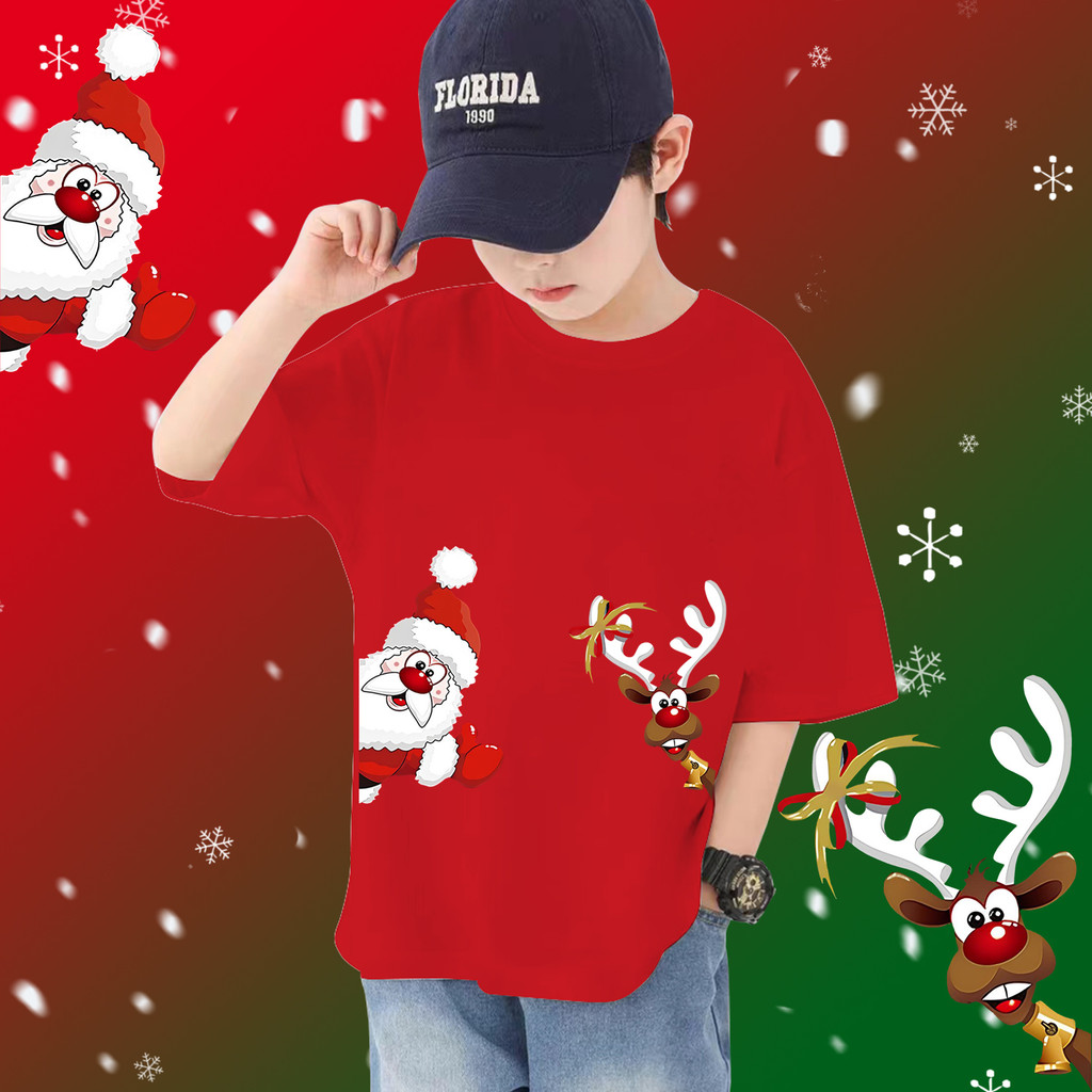 เสื้อยืดเด็ก Merry Christmas ซานตาคลอสพิมพ์ลายเทศกาลเสื้อยืด 8สี ขนาด 100cm-150cm