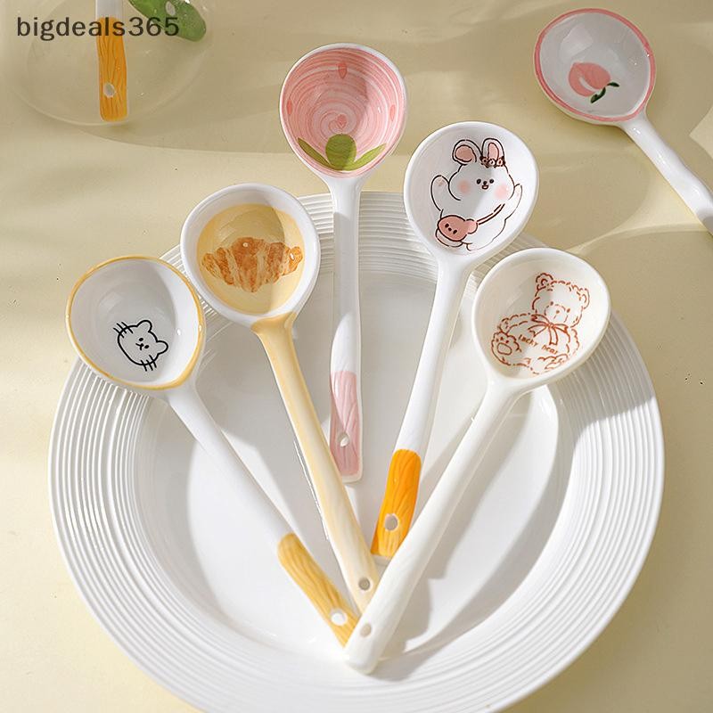 [bigdeals365] ช้อนซุปเซรามิกช้อนธัญพืชบนโต๊ะอาหารในครัวเรือนน่ารักช้อนกาแฟทาสีช้อนแยมของขวัญขนมตักเครื่องครัวสต็อกใหม