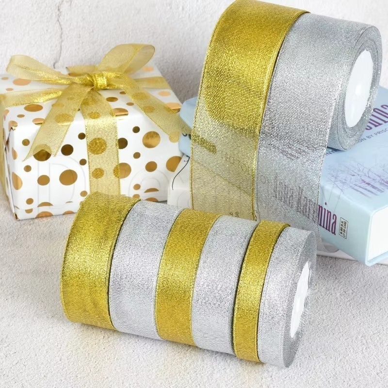 ริบบิ้นผ้าไหมซาตินแวววาวสีเงินสีทอง - อุปกรณ์งานฝีมือ DIY - ริบบิ้นออร์แกนซ่ากลิตเตอร์สําหรับตกแต่งเค้กงานแต่งงาน - ริบบิ้นห่อของขวัญ - ริบบิ้นตกแต่งต้นคริสต์มาส