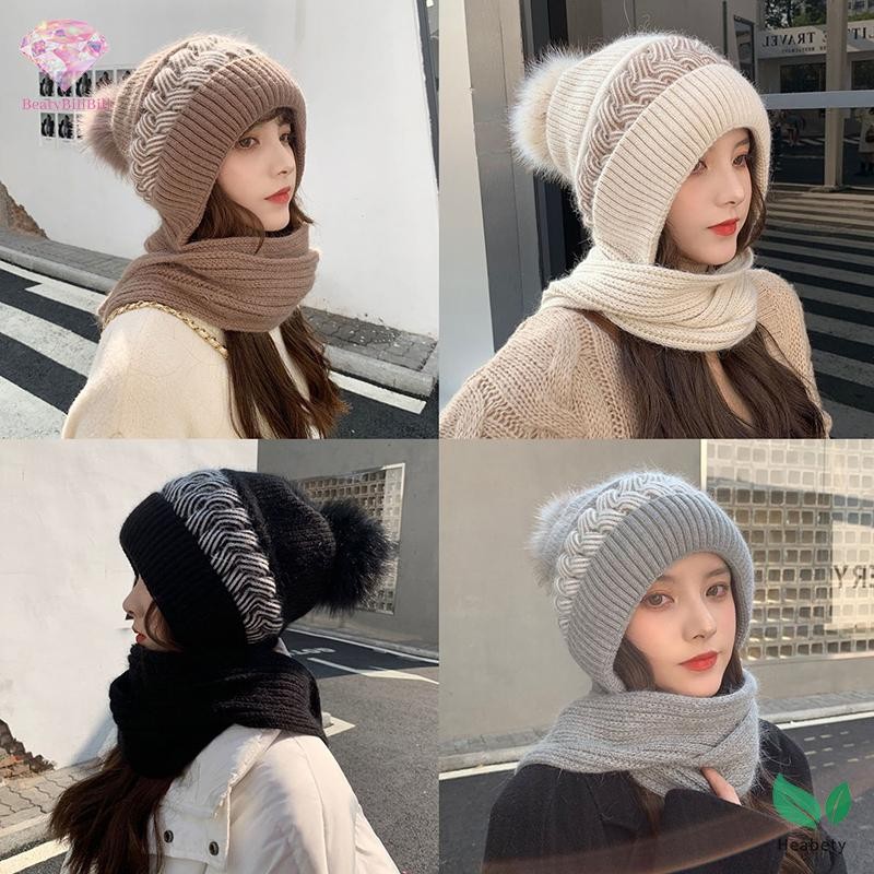 Heabety ฤดูหนาวถัก Skullies หมวกผ้าพันคอชุดเย็นป้องกันหูผ้าพันคอ Warm Girls Beanies ขี่จักรยาน Windproof สุภาพสตรีหมวกกลางแจ้งใหม่