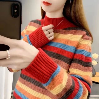 ครึ่งคอเต่าลายเสื้อกันหนาวผู้หญิง 2025 ฤดูใบไม้ร่วงฤดูหนาวสไตล์ใหม่เกาหลีรุ่นหลวมถักเสื้อ จุดต่ําสุด ด้านนอก เรา