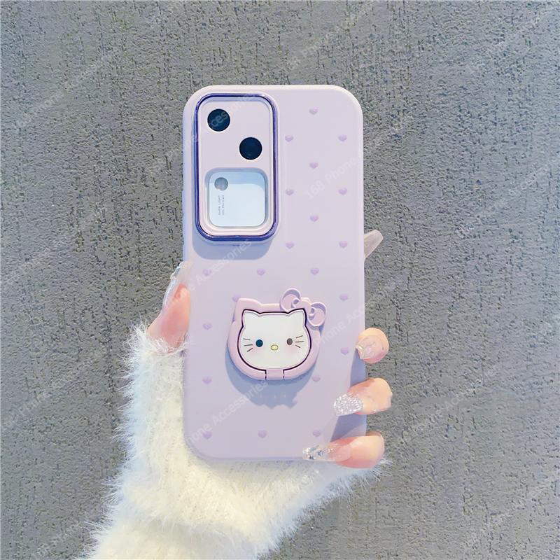 เคส Vivo V40 V30 V29 5G เคส Vivo V40 Pro การ์ตูนน่ารักคิตตี้แมวกันกระแทกเคสพร้อมคิตตี้ที่วางโทรศัพท์ขาตั้งกล้องป้องกันด้านนุ่มสีม่วงซิลิโคน Ins สไตล์โทรศัพท์