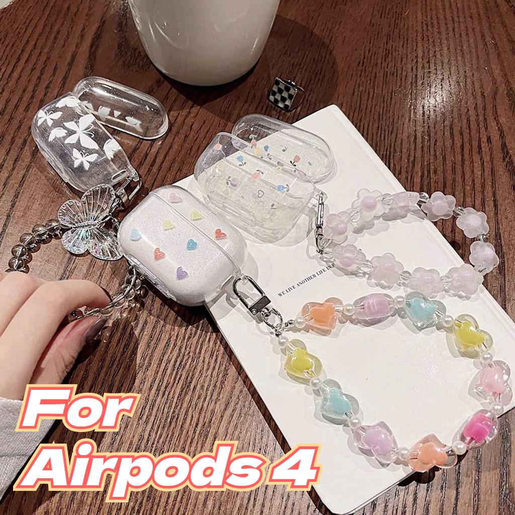 ปลอกสําหรับ แอร์พอด 4 มือโปร 3 ส่องแสงโปร่งใสผีเสื้อหัวใจรักดอกไม้ดอกทิวลิปนุ่ม ทีพียู หูฟังบลูทูธกรณีที่มีห่วงโซ่ป้องกันการสูญหายหูฟังไร้สายป้องกันการตกฝาครอบป