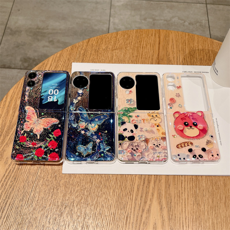 สําหรับ OPPO Find N3 N2 Flip Couple Aesthetic Case การออกแบบการ์ตูน Luxury Hard PC Shiny Premium Cover