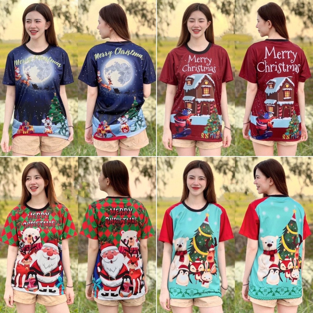 2568 เสื้อยืดผู้หญิงคริสต์มาส เสื้อยืดแขนสั้น Merry Christmas เสื้อคอกลมผู้หญิงแฟชั่น สีสันสดใส ลายต้นคริสต์มาส ครอบครัวคริสต์มาสสวมใส่ XS-5เอ็กแอล