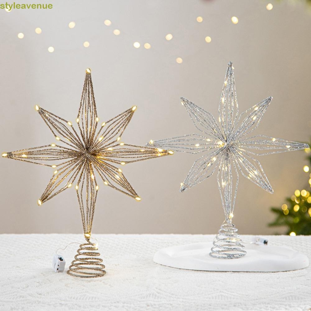 Styleavenue ต้นคริสต์มาส Toppers ไฟ, Luminous Glitter Christmas Tree Toppers Star, Party Decor ดาวแปดแฉก LED เหล็กตกแต่งต้นคริสต์มาสปีใหม่