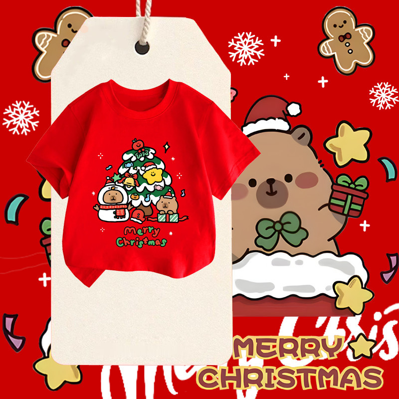 (จัดส่งตลอด 24 ชั่วโมง)Merry Christmas capybara เสื้อ ชุดเก็กชุุดเด็ก ชุดเด็ก คริสมาสต์ ซานต้า กัมป์สีแดงแขนสั้นของเด็กๆ