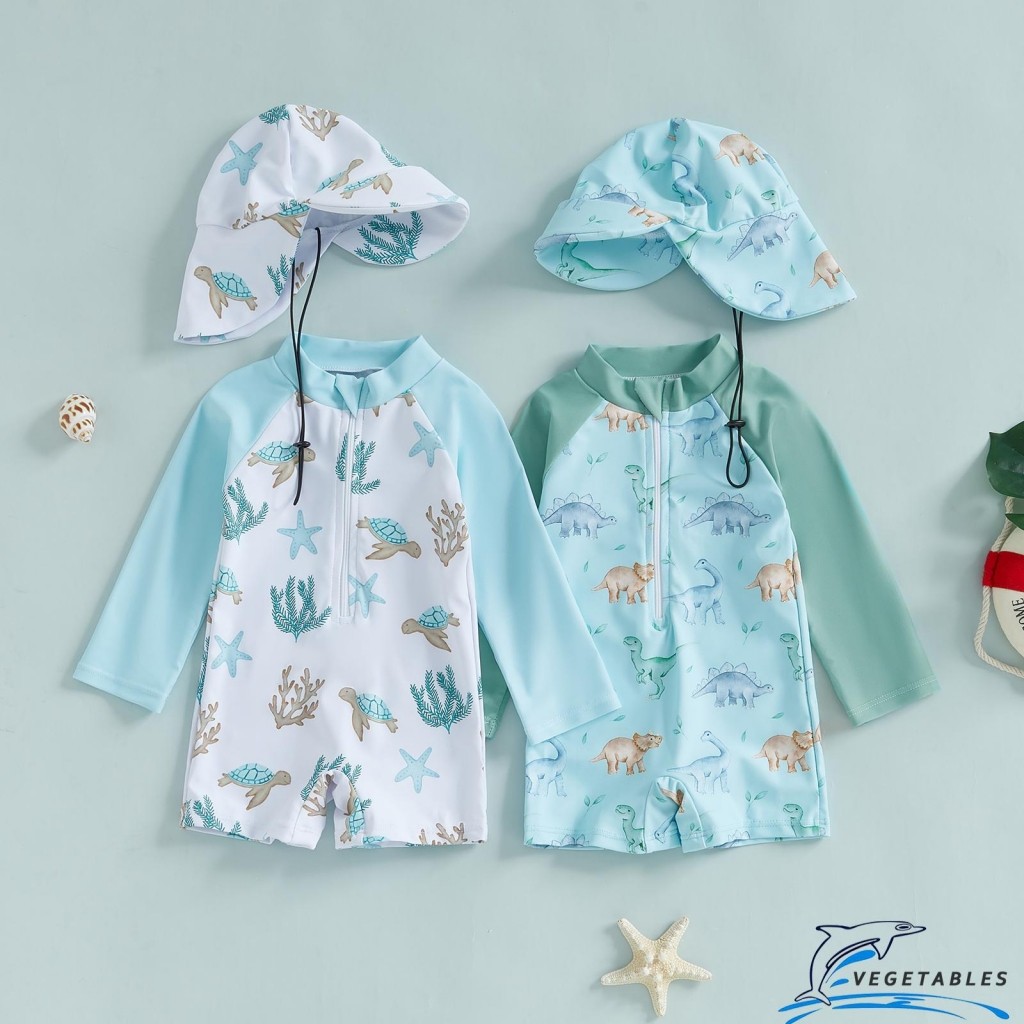 Zhy-kids Boys ชุดว่ายน้ําฤดูร้อนไดโนเสาร์ลําลอง/Sea Creature พิมพ์ซิป Rash Guard ชุดว่ายน้ําและหมวก Beachwear ชุดว่ายน้ํา