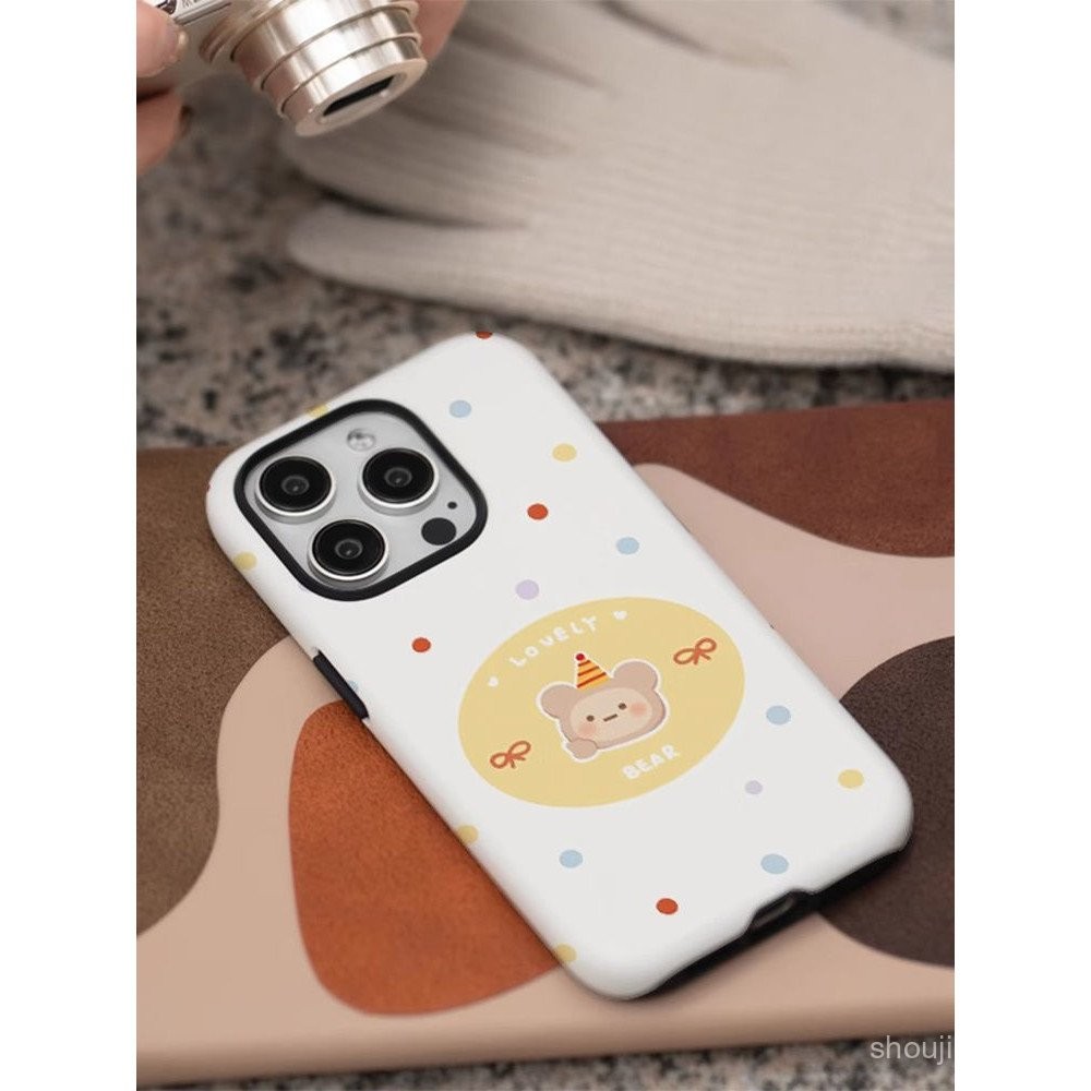 เหมาะสำหรับแอปเปิ้ล15pro สองชั้นสองชั้นสองในหนึ่งหมวกวันเกิดหมีเคสมือถือหุ้มเต็มรูปแบบเคสแข็งกันกระแทก6cis