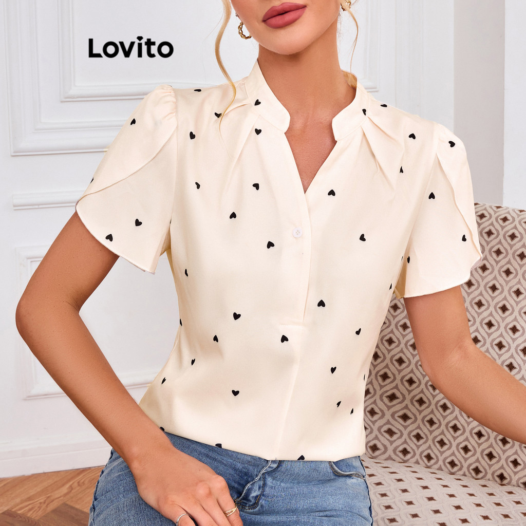 Lovito เสื้อเบลาส์รูปหัวใจสวยหรูสำหรับผู้หญิง LBL16342