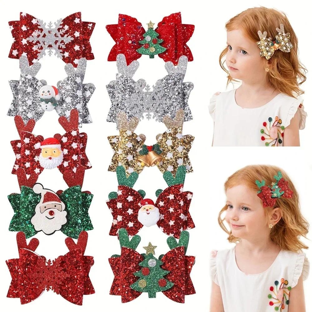 2 ชิ้นคริสต์มาส Glitter เด็ก Bows สําหรับสาว Antlers Hairpin พิมพ์ผ้าคลิปผมหางม้าคริสต์มาสวันหยุดพรหมอุปกรณ์เสริมผม