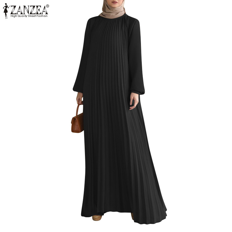 ZANZEA ซานเซีย ผู้หญิงมุสลิมแฟชั่นแขนยาวจีบรอบคอชุดสีธรรมดา